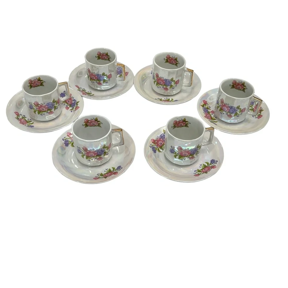 1970s WAHBEH OF CHINA LUSTERWARE PINK & PURPLE FLORAL CUPS & SAUCERS - SET OF 6